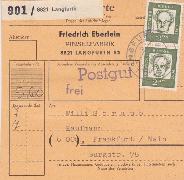 BUND 362 (2x), 461 (2x) Paketkarte <Bedeutende Deutsche ua> von Langfurth nach Frankfurt 2-7-1966