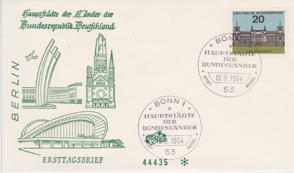 BUND 421 Ersttagsbrief (FDC) <Hauptstädte der Bundesländer> Sonderstempel Bonn 1 vom 19-09-1964
