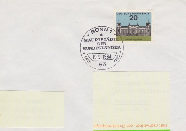BUND 421 Ersttagsbrief <Hauptstädte der Bundesländer> mit Sonderstempel Bonn 1 vom 19-09-1964