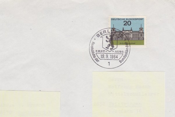 BUND 421 Ersttagsbrief <Hauptstädte der Bundesländer> mit Sonderstempel Berlin 12 vom 19-09-1964