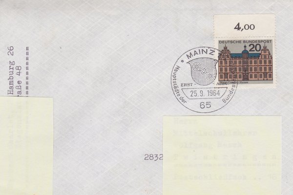 BUND 422 - Ersttagsbrief (FDC) Mainz - Gutenberg-Museum - Mainz 1 vom 25-09-1964