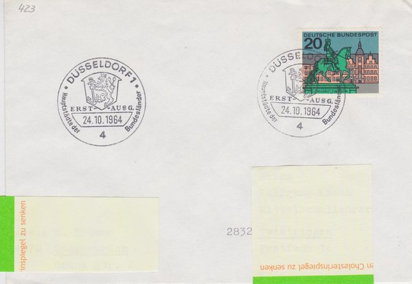 BUND 423 Ersttagsbrief <Hauptstädte der Bundesländer> Sonderstempel Düsseldorf 1 vom 24-10-1964