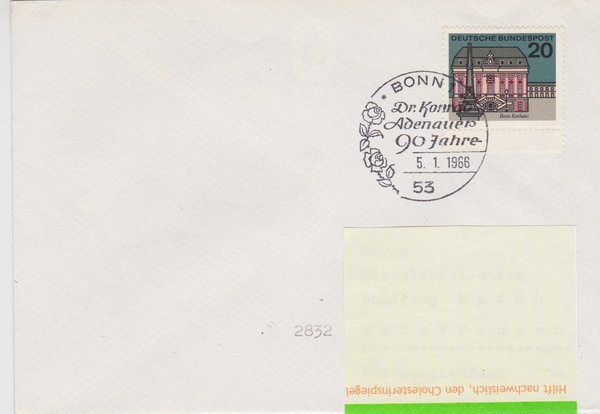BUND 424 Standardbrief mit Sonderstempel <90 Jahre Konrad Adenauer> Bonn 1 vom 05-01-1966