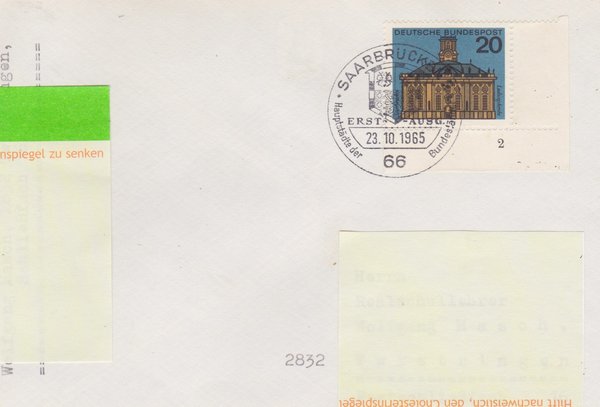 BUND 427 Ersttagsbrief <Hauptstädte der Bundesländer> mit Sonderstempel Saarbrücken vom 23-10-1965
