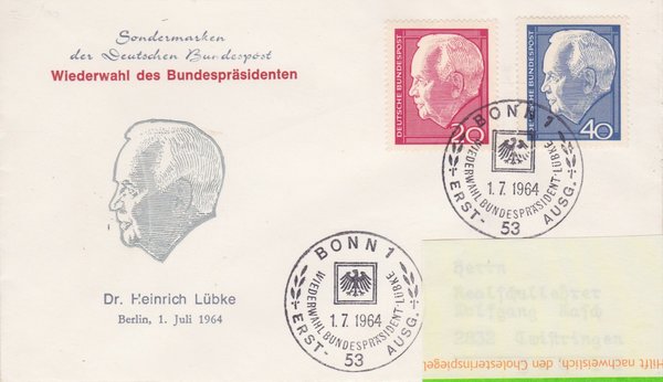 BUND 429, 430 Ersttagsbrief <Wiederwahl des Bundespräsidenten Heinrich Lübke> Bonn vom 01-07-1964