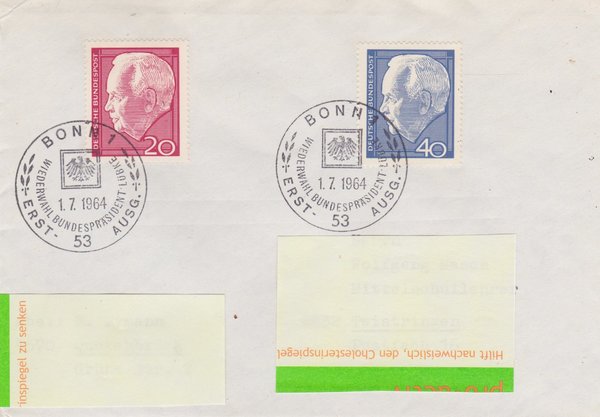 BUND 429, 430, Ersttagsbrief (FDC) Heinrich Lübke - Bonn vom 01-07-1964, zuadressiert