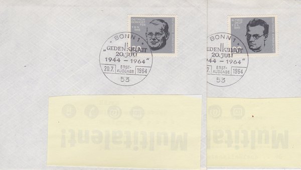 BUND 431-438 Ersttagsbriefe <Gedenkblatt 20. Juli> 8 Briefe komplett - Sonderstempel Bonn 20-07-1964