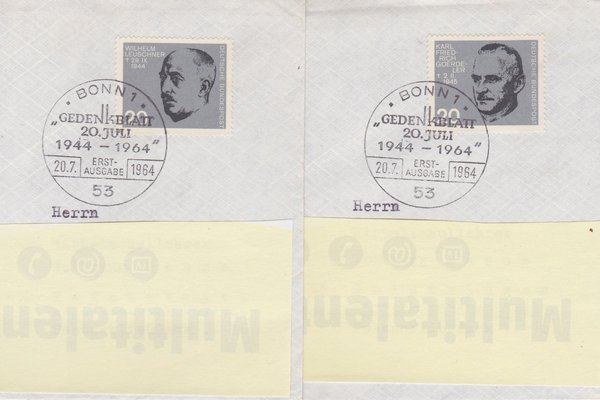 BUND 431-438 Ersttagsbriefe <Gedenkblatt 20. Juli> 8 Briefe komplett - Sonderstempel Bonn 20-07-1964
