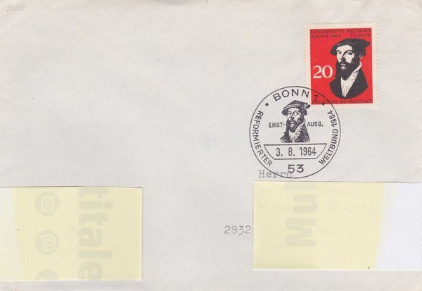 BUND 439 Ersttagsbrief <Reformierter Weltbund 1964> mit Sonderstempel Bonn 1 vom 03-08-1964