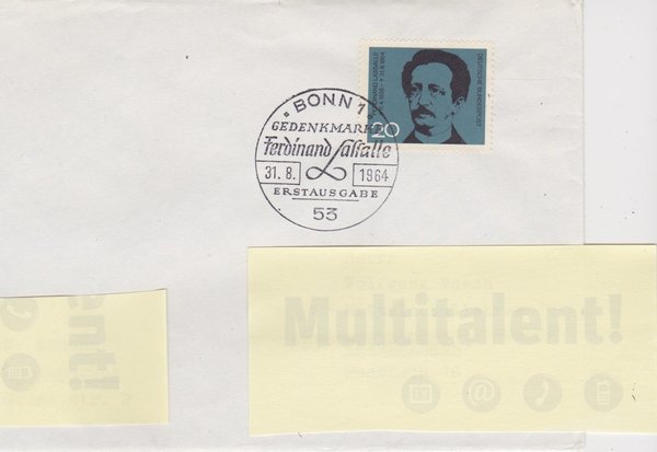 BUND 443 - Ersttagsbrief (FDC) - 100. Todestag Ferdinand Lasalle, Bonn 1 vom 31-08-1964
