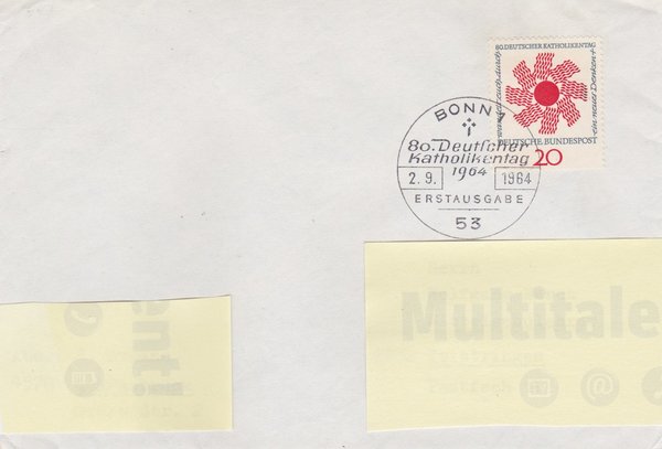BUND 444 Ersttagsbrief <80. Deutscher Katholikentag 1964> mit Sonderstempel Bonn 1 vom 02-09-1964