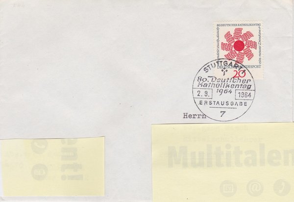 BUND 444 - Ersttagsbrief (FDC) - 80. Deutscher Katholikentag 1964, Stuttgart 1 vom 02-09-1964