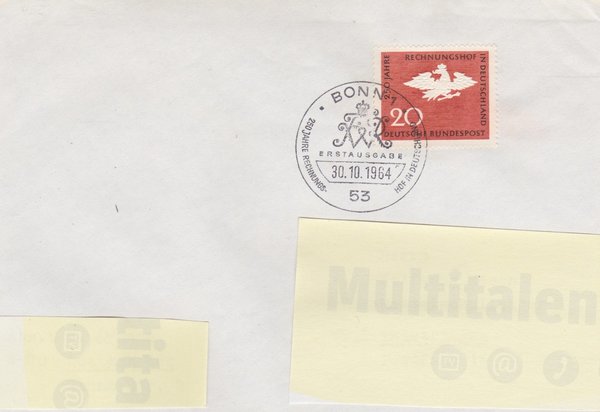 BUND 452 Ersttagsbrief <250 Jahre Rechnungshof Deutschland> Sonderstempel, Bonn 1 vom 30-10-1964