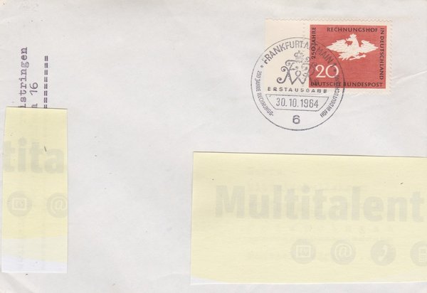 BUND 452 Ersttagsbrief <250 Jahre Rechnungshof Deutschland> mit Sonderstempel Frankfurt 30-10-1964