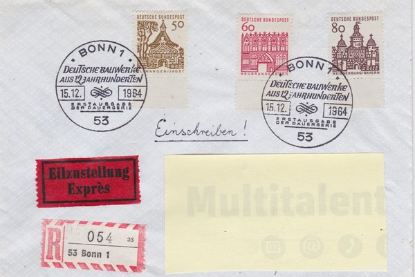 BUND 458, 459, 461 Express-Einschreibe-Ersttagsbrief <Deutsche Bauwerke> Bonn 1 vom 15-12-1964