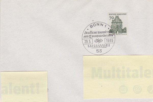 BUND 460 Ersttagsbrief <Deutsche Bauwerke> mit Sonderstempel Bonn 1 vom 29-05-1965