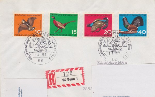 BUND 464-467 Einschreibe-Ersttagsbrief <Jagdbares Federwild> mit Sonderstempel Bonn vom 01-04-1965
