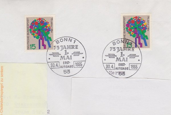 BUND 475 (2x) Standard-Ersttagsbrief <1.Mai Tag der Arbeit> mit Sonderstempel Bonn 1 vom 30-04-1965
