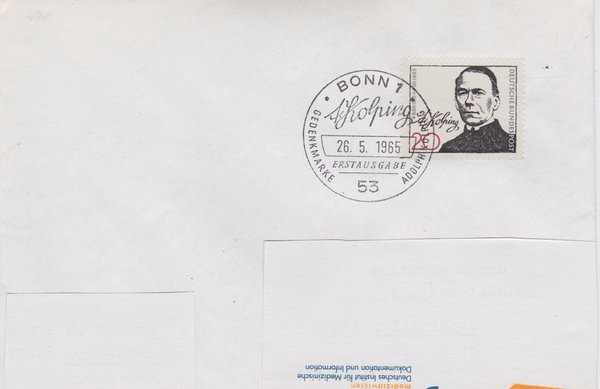 BUND 477 Standard-Ersttagsbrief <100. Todestag Adolf Kolping> Sonderstempel Bonn 1 vom 26-05-1965