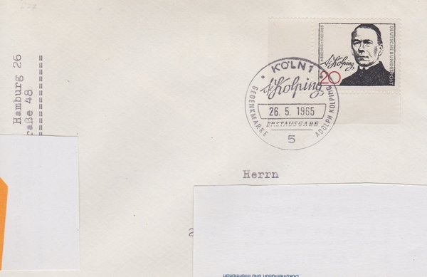 BUND 477 Standard-Ersttagsbrief <100. Todestag Adolf Kolping> Sonderstempel Köln 1 vom 26-05-1965