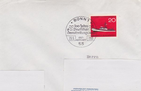 BUND 478 Standard-Ersttagsbrief <100 Jahre DGRS> mit Sonderstempel Bonn 1 vom 29-05-1965
