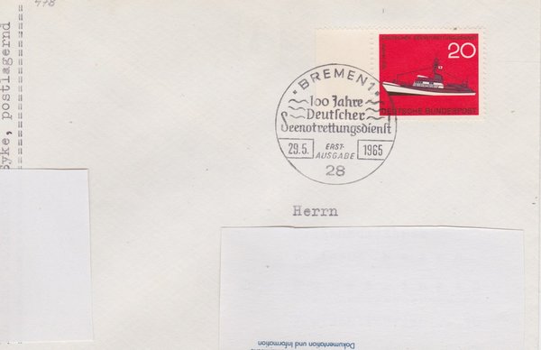 BUND 478 Standard-Ersttagsbrief <100 Jahre DGRS,> mit Sonderstempel Bremen 1 vom 29-05-1965