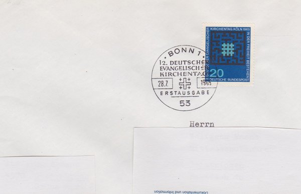 BUND 480 Standard-Ersttagsbrief <12. Evangelischer Kirchentag> Sonderstempel Bonn 1 vom 28-07-1965