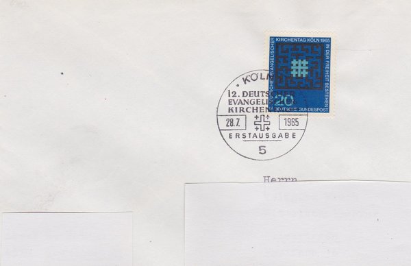 BUND 480 Ersttagsbrief <12. Evangelischer Kirchentag> mit Sonderstempel Köln 1 vom 28-07-1965