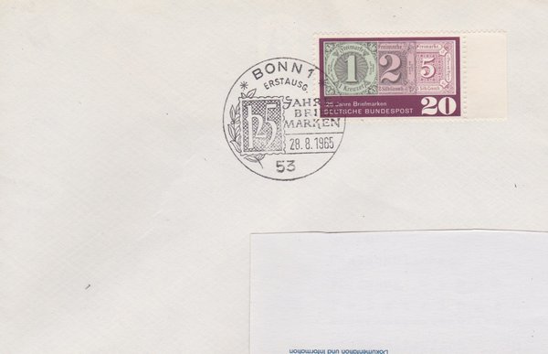 BUND 482 Standard- Ersttagsbrief <125 Jahre Briefmarken> Sonderstempel Bonn vom 28-08-1965
