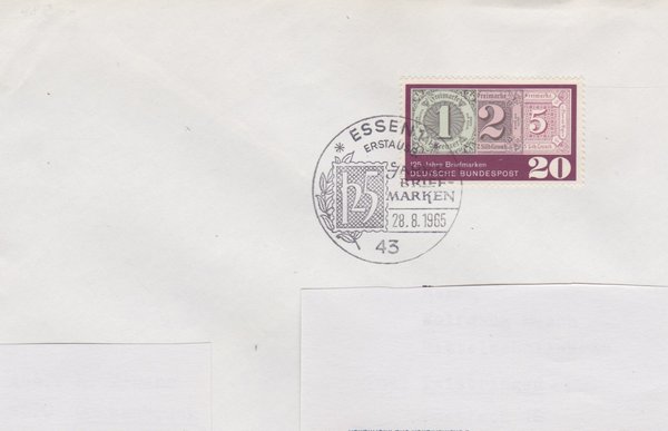 BUND 482 Standard-Ersttagsbrief <125 Jahre Briefmarken> mit Sonderstempel Essen 1 vom 28-08-1965