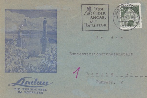 BUND 492 Standardbrief <Deutsche Bauwerke> mit Tagesstempel Landau/Bodensee vom 02-01-1967
