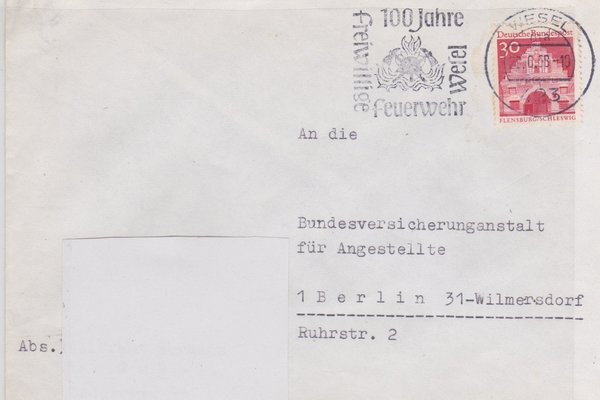 BUND 493 Standardbrief <Deutsche Bauwerke> mit Tagesstempel Wesel vom 29-06-1968