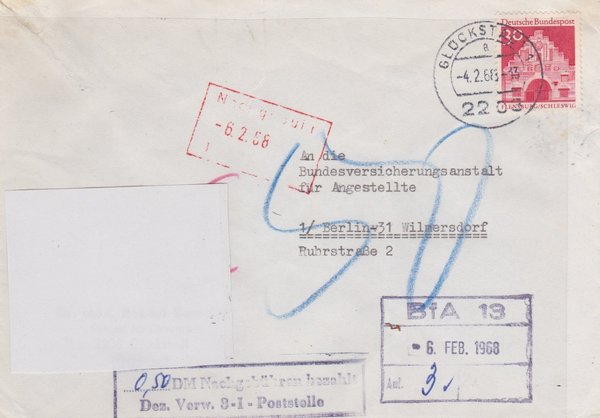 BUND 493 Standardbrief <Deutsche Bauwerke> (Nachgebühr) Glückstadt, Tagesstempel vom 29-06-1968