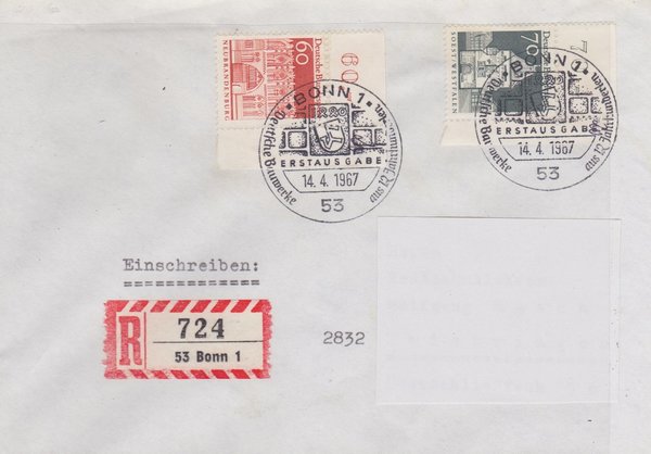 BUND 496, 497 Einschreibe-Ersttagsbrief <Deutsche Bauwerke> mit Sonderstempel vom 14-04-1967
