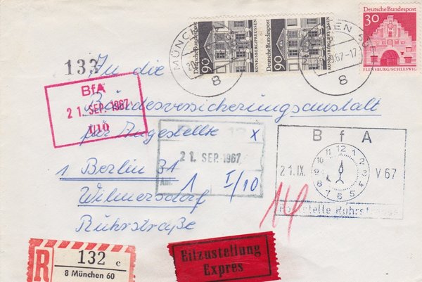 BUND 493, 499 (2X)  Express-Einschreibebrief <Deutsche Bauwerke> mit Tagesstempel vom 20-09-1967