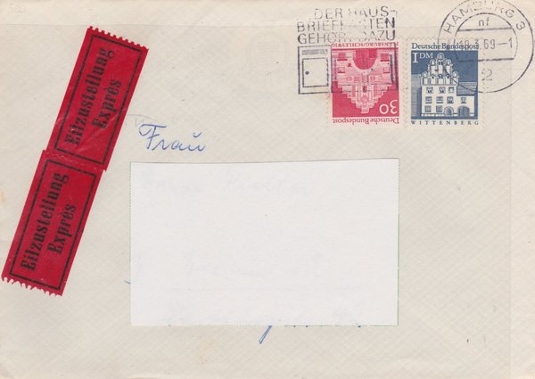 BUND 493, 499 Expressbrief <Deutsche Bauwerke> mit Tagesstempel Hamburg vom 10-03-1969