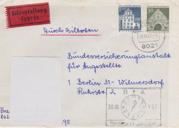 BUND 492, 500 Expressbrief <Deutsche Bauwerke> mit Tagesstempel Hamburg vom 29-12-1967