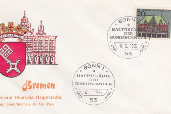 BUND 425 Ersttagsbrief (FDC) <Hauptstädte der Bundesländer> mit Sonderstempel Bonn 1 vom 17-05-1965