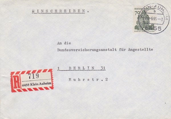 BUND 460 Einschreibebrief <Deutsche Bauwerke> mit Tagesstempel Klein Auheim vom 24-06-1965