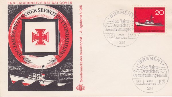 BUND 478 Ersttagsbrief (FDC) <100 Jahre DGRS> mit Sonderstempel Bremen 1 vom 29-05-1965
