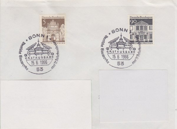 BUND 489, 499 Standard-Ersttagsbrief <125 Jahre Briefmarken> Sonderstempel Bonn 1 vom 15-06-1966