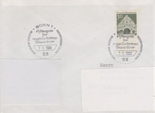 BUND 492 Standard-Ersttagsbrief <Deutsche Bauwerke> mit Sonderstempel Bonn1 vom 07-01-1966