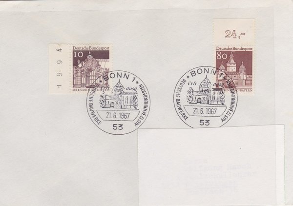 BUND 490, 498 Standard-Ersttagsbrief <Deutsche Bauwerke> mit Sonderstempel Bonn 1 vom 21-06-1967