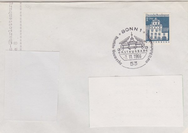 BUND 500 Standard-Ersttagsbrief <Deutsche Bauwerke> mit Sonderstempel Bonn 1 vom 07-11-1966