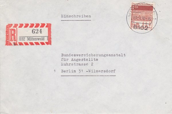 BUND 501 Einschreibebrief <Deutsche Bauwerke> mit Tagesstempel Mittenwald vom 30-09-1970
