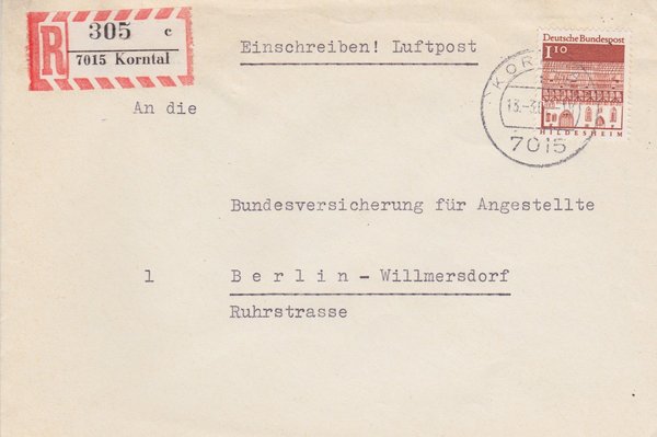 BUND 501 Einschreibebrief <Deutsche Bauwerke> mit Tagesstempel Korntal vom 13-03-1967