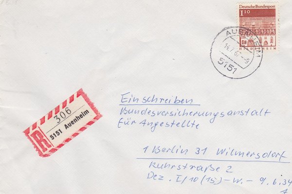 BUND 501 Einschreibebrief <Deutsche Bauwerke> mit Tagesstempel Auenheim vom 14-07-1967
