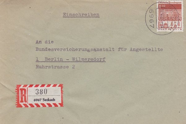 BUND 501 Einschreibebrief <Deutsche Bauwerke> mit Tagesstempel Seckach vom 10-10-1967
