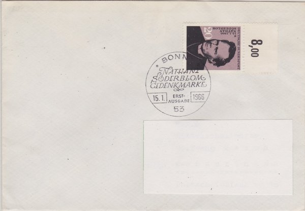 BUND 504 Standard-Ersttagsbrief <Nathan Söderblom Gedenkmarke> Sonderstempel Bonn 15-01-1966
