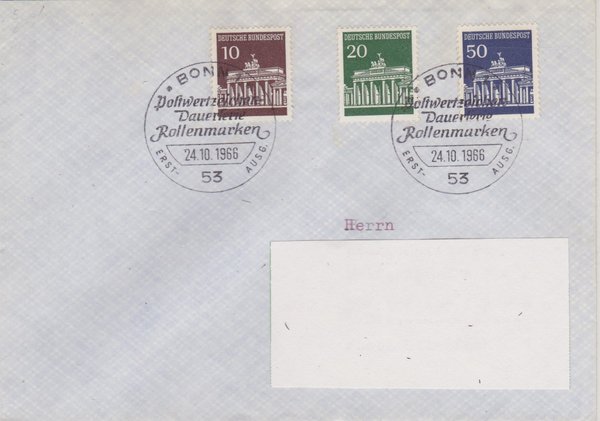 BUND 506, 507, 509 Standard-Ersttagsbrief <Brandenburger Tor> Sonderstempel Bonn 1 vom 24-10-1966